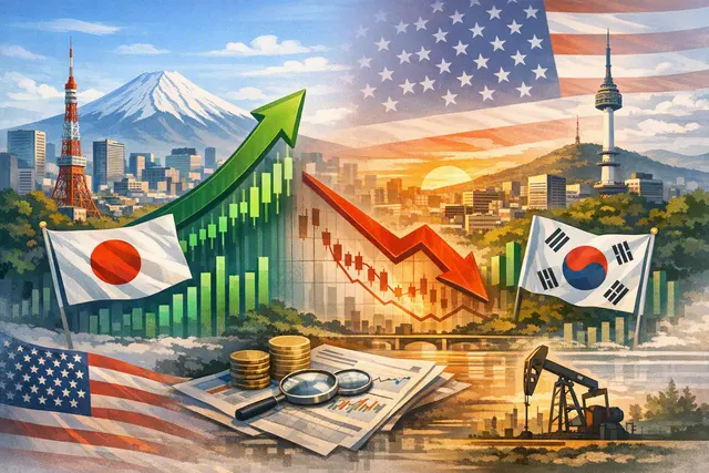 Stock market chart candlesticks and upward trend with South Korean and Japanese flags in background representing the Kospi and Nikkei 225 bull market rally