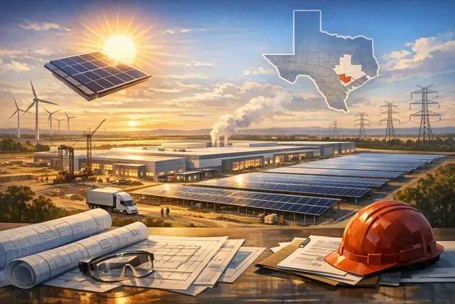 Aerial concept rendering of a large industrial solar manufacturing campus in a greenfield area, representing Tesla's proposed Project Crystal Sun factory in Fort Bend County, Texas