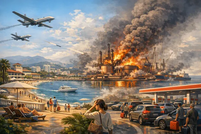 Illustration of drones over a Black Sea resort and oil infrastructure during a fuel crisis