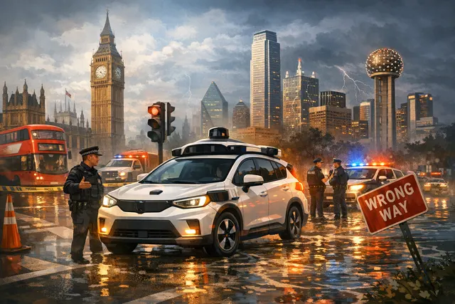 Waymo robotaxi facing a stormy London street with a police cordon and flashing lights, symbolizing real-world edge-case challenges in autonomous driving