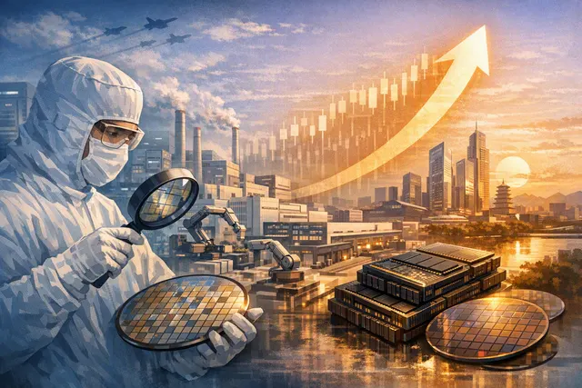 Editorial illustration of ChangXin Memory Technologies and semiconductor manufacturing in Hefei