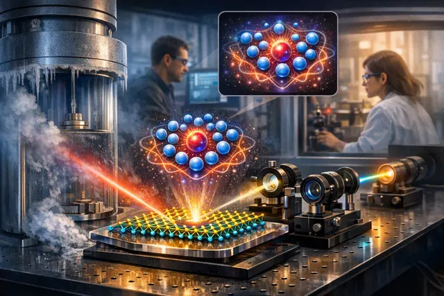 An artistic representation of a Wigner crystal in a monolayer semiconductor, shown as an ordered lattice of glowing electron dots being probed by a beam of light.