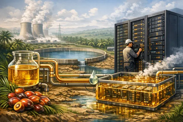 A conceptual image of a server rack being submerged in a golden, palm oil-based cooling fluid inside a transparent tank, symbolising Sawit EcoTherm's immersion cooling technology.