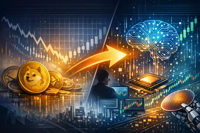 Abstract visualization of crypto trader migration from meme coins to semiconductor AI chip stocks, with dynamic market data charts in background