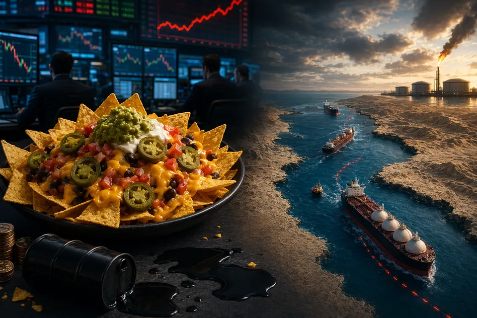 AI-generated editorial illustration symbolizing oil-market risk around the Strait of Hormuz and the NACHO trade.