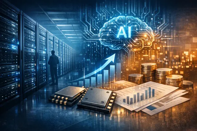 Infineon Technologies data center power semiconductor chip close-up with AI-themed circuit board background