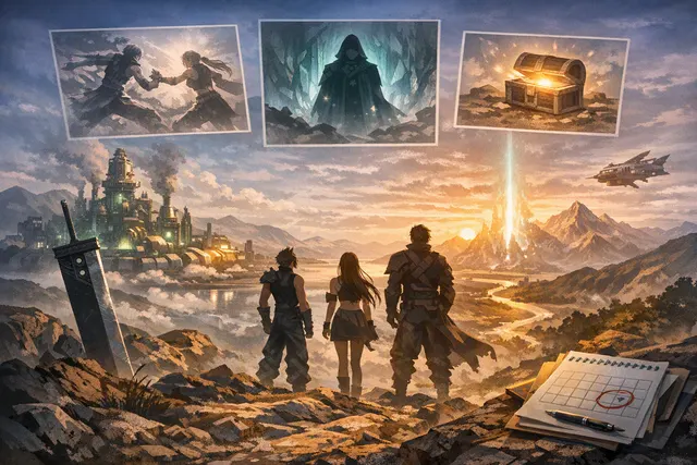 Final Fantasy VII Revelation key art featuring protagonist Cloud Strife overlooking Midgar at sunset, with the game logo superimposed