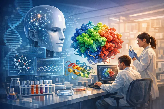 Abstract editorial illustration of AI-assisted protein design, showing molecular structures and computational analysis