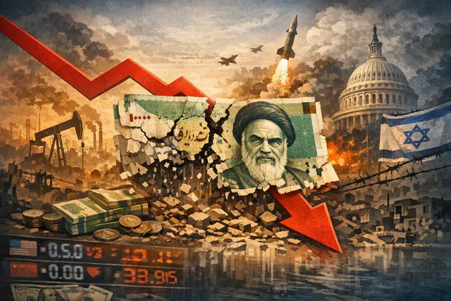 A stylized illustration depicting the collapse of the Iranian rial, with a downward-trending graph overlaid on a map of Iran. Symbols of war and economic distress are visible.