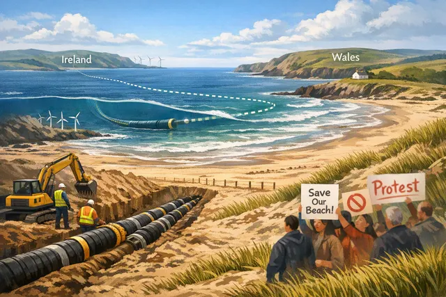AI-generated illustration of Freshwater West beach in Wales with painted stones and socks marking an unofficial memorial for Dobby the House Elf, with a power cable route sign near