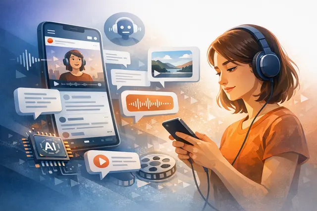 Illustration of a Reddit text thread becoming an AI-narrated audio and short-form video experience