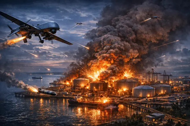Smoke rising over the Ust-Luga port after a Ukrainian drone attack on August 14, 2026