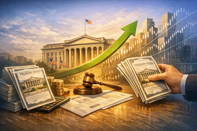 Editorial illustration of U.S. Treasury buybacks triggering a Bitcoin and Ethereum short-squeeze rally