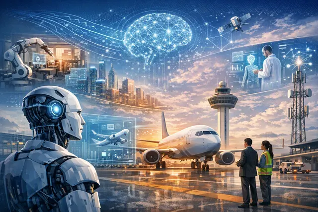 Illustration of Singapore’s national AI missions across aviation, manufacturing, finance and healthcare