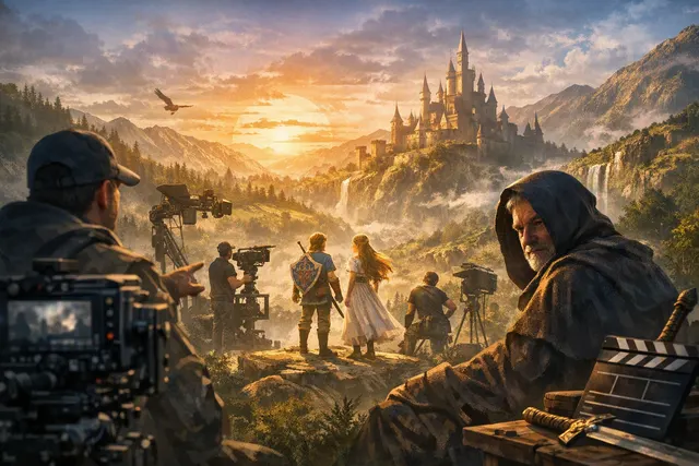 A dramatic landscape with the Master Sword and a glowing Triforce, evoking the fantasy world of Hyrule for the upcoming live-action Legend of Zelda film.