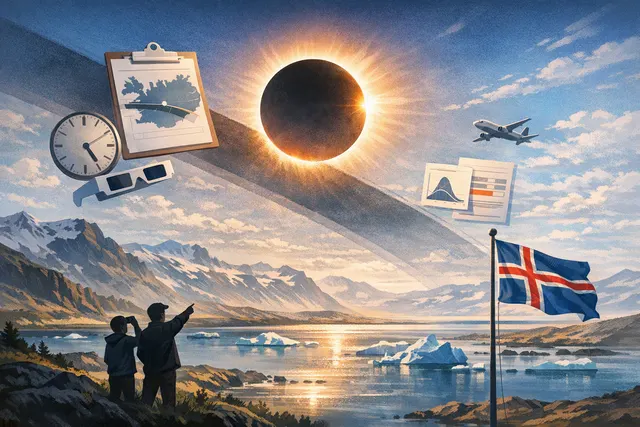 Total solar eclipse over Iceland's dramatic Arctic landscape with dark sky, corona visible, and Westfjords coastline silhouette