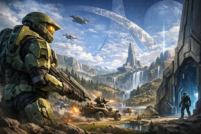 Master Chief in updated armor standing on an alien ringworld structure with a Halo ring visible in a bright sky, rendered in a dramatic next-gen art style for Halo: Campaign Evolve