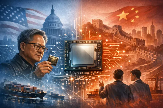 Nvidia and China AI chip strategy split-screen illustration, showing a data center and global semiconductor supply chain tensions