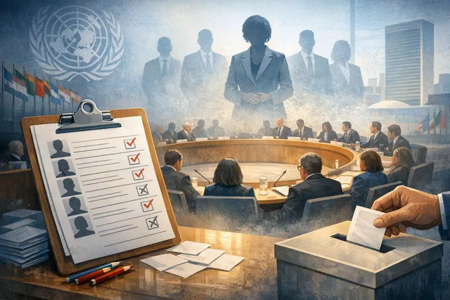 Editorial illustration of the United Nations secretary-general succession contest and Security Council straw poll