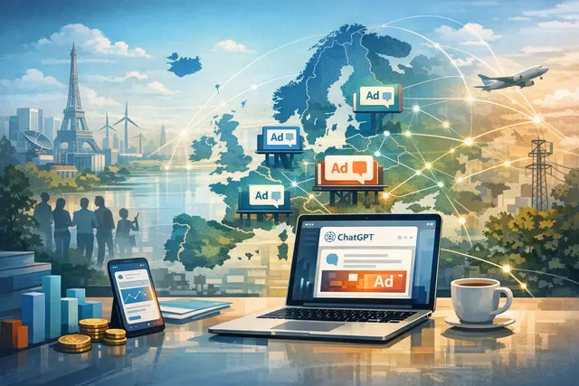 Illustration of ChatGPT advertising expanding across Europe
