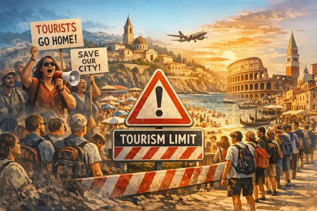A conceptual illustration of a crowded European beach town with protesters holding signs, a TUI airplane, and a thermometer showing extreme heat, symbolizing the convergence of ove