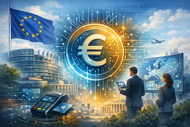 Digital euro concept illustration showing a smartphone wallet with a euro symbol over an EU flag background, representing the European Central Bank's digital currency initiative an