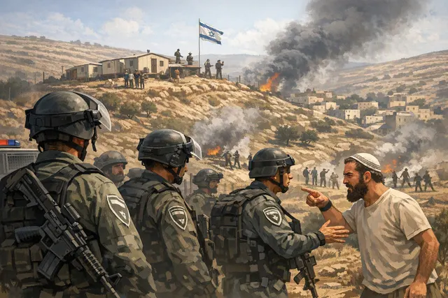 Editorial image representing the settler siege of Palestinian homes in Qusra, West Bank, and the civilian law enforcement transfer announcement.