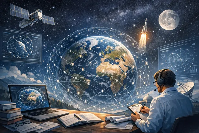 An artistic rendering of the Starlink LEO satellite constellation orbiting Earth, representing global satellite internet connectivity in 2026.