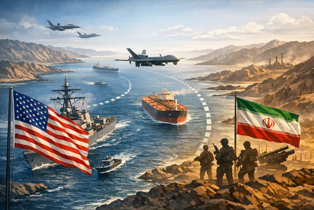 Aerial view of a military ship navigating the Strait of Hormuz, a narrow waterway between Iran and Oman, under a dramatic sunset sky.