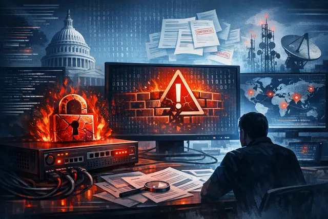 Abstract digital rendering of a Cisco firewall with a red alert overlay, representing the CVE-2026-20349 vulnerability