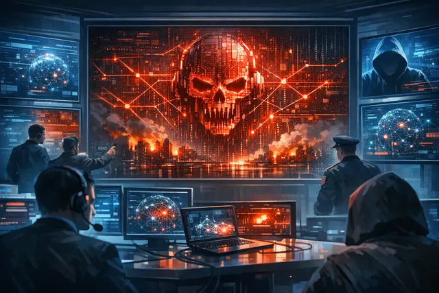 AI-generated concept image of a glowing AI brain intertwined with cyberattack chains and binary code, representing AI weaponized in live cyberattacks.