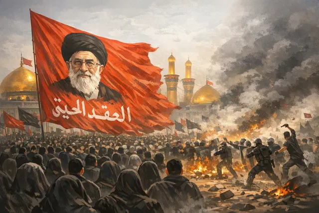 AI-generated image of the 2026 Arbaeen pilgrimage in Karbala showing a massive red banner and crowds of pilgrims between the twin shrines