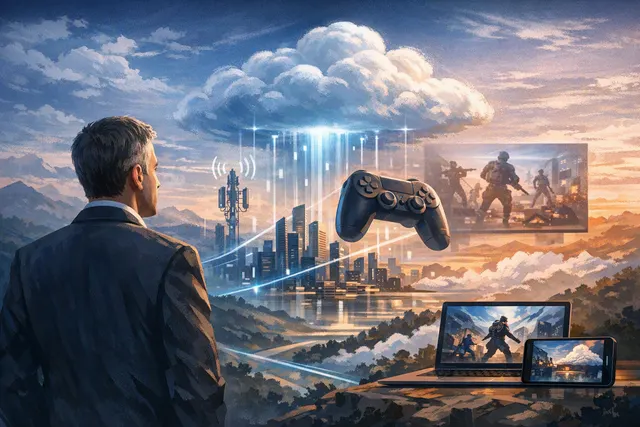 Conceptual image of cloud gaming streaming GTA 6 from a data center to a smartphone, tablet, and smart TV, symbolizing the transition from expensive hardware to cloud-based AAA gam