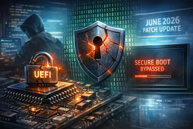 Conceptual image of a UEFI chip with Secure Boot digital security locks being bypassed by a shim bootloader vulnerability