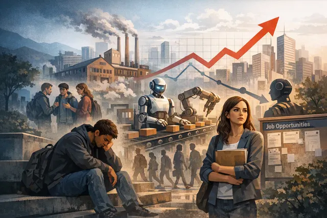 Young people at a job fair looking at listings on a board, representing the challenge of finding entry-level work in 2025.