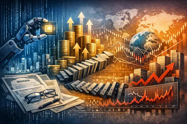 Abstract visualization of data cables and fiber optic lines converging on a digital credit market dashboard showing rising bond issuance and CDS spread charts