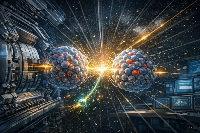 Artistic visualization of gluons inside an atomic nucleus, representing the ALICE experiment's measurement of gluon saturation at sub-femtometer scales.