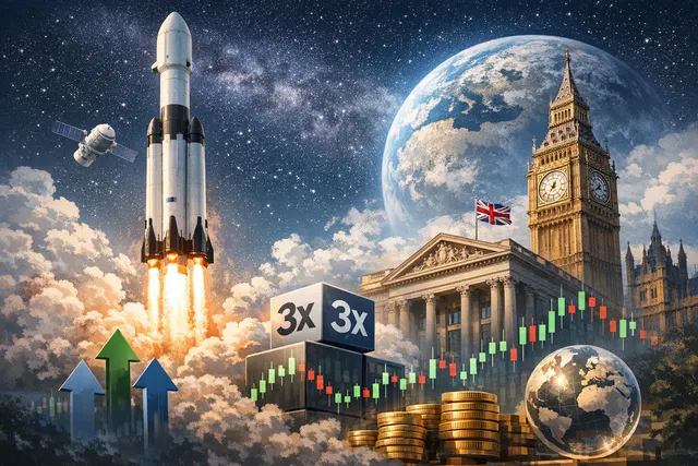 Editorial image representing the first 3x leveraged SpaceX Exchange Traded Product listing with tickers ELON and MUSK ahead of the SPCX IPO