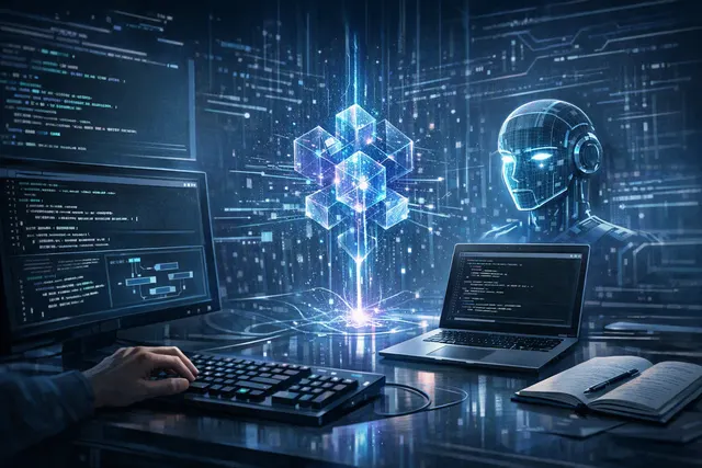 Abstract concept art representing Meta's terminal-based Muse Code AI coding agent with a glowing command line interface and background matrix code.