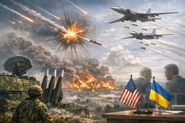 AI-generated illustration of a missile strike over a city skyline at night, representing the July 2026 Russian barrage on Kyiv.