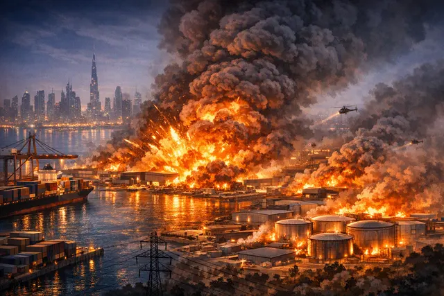 Thick black smoke rising over Dubai's Jebel Ali skyline after multiple explosions on August 5, 2026