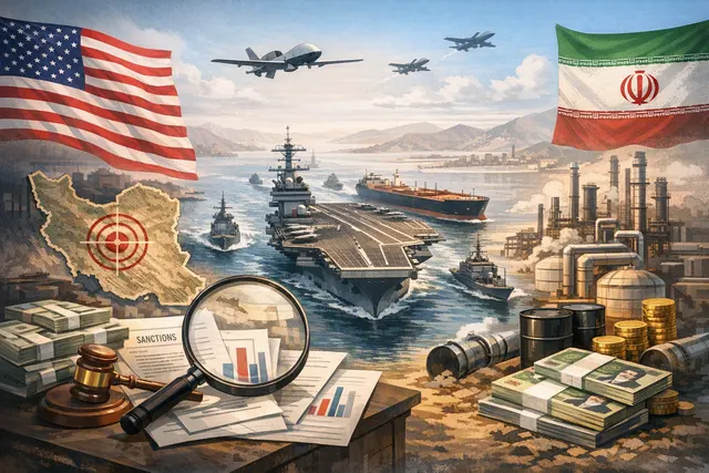Iran and Strait of Hormuz map graphic with U.S. naval warship silhouette and economic indicators, representing the 2026 economic pressure campaign.