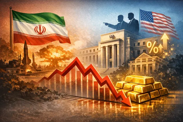A golden market chart with a downward trend arrow, set against a backdrop of geopolitical and financial symbols representing the US-Iran conflict and Federal Reserve policy.
