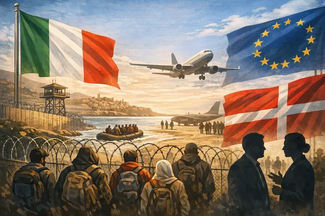A composite image showing Giorgia Meloni and Mette Frederiksen, representing their unusual cross-ideological alliance on EU migration policy.