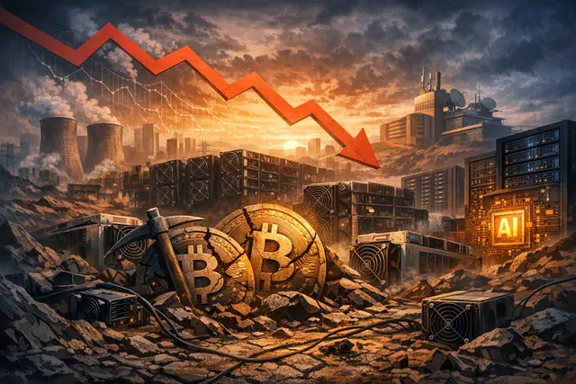 Bitcoin miners pivoting to AI infrastructure in 2026, with server racks transforming from crypto mining rigs into AI data center hardware.