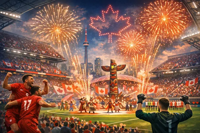 Canada’s 2026 World Cup opening ceremony on the pitch at BMO Field with performers, an Indigenous tribute, and a packed stadium