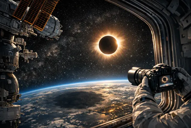 AI-generated visualization of the total solar eclipse with the Moon passing in front of the Sun, as seen from Earth and space perspectives
