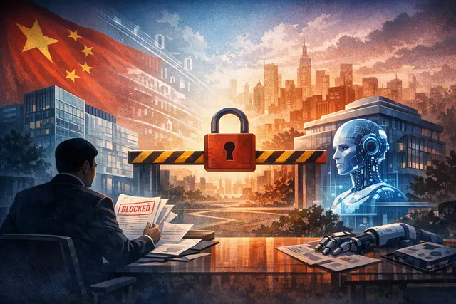 Editorial illustration representing the blocked Meta-Manus AI acquisition deal and China's regulatory intervention