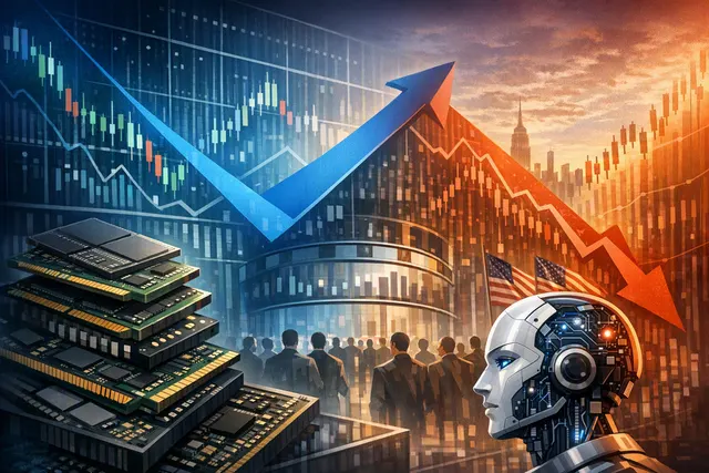 Editorial illustration of SK Hynix’s Nasdaq ADR debut and AI-memory supply chain