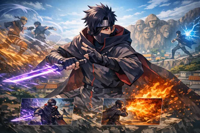 Editorial illustration of Nanashi Uchiha and Boruto-inspired ninja fighters from Naruto x Boruto Ultimate Ninja Storm Connections